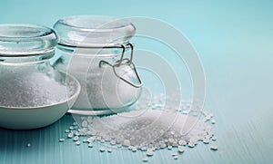 iodized sea salt on a light blue background