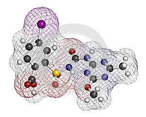 Iodosulfuron herbicide molecule. 3D rendering. Atoms are represented as spheres with conventional color coding: hydrogen white,.
