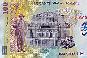 Ion Luca Caragiale portrait on the 100 RON banknote. Coloseup of RON, Romanian Currency. Romanian RON, Lei Banknotes issued by BNR