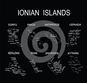 Ionian islands map set vector silhouette illustration isolated.