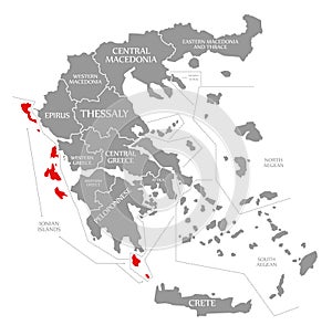 Ionian Islands red highlighted in map of Greece