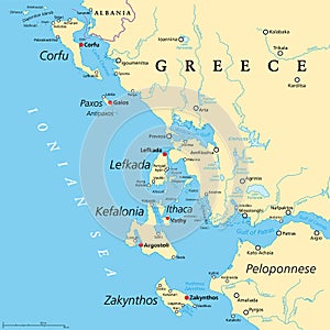 Ionian Islands Region of Greece, Greek islands in Ionian Sea, political map