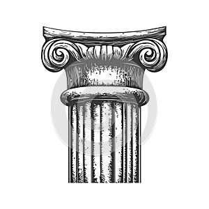 Ionic Column Capital Black And White Silhouette Illustration. Classical Architecture And Design Element. Isolated Vector
