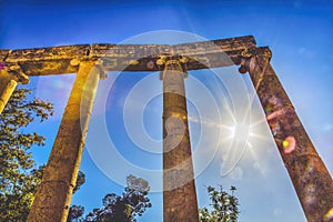 Ionic Columns Sun Ancient Roman City Jerash Jordan