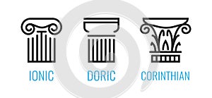 Ionic orders of ancient Greece. Ionic, Dorian, Corintian column lineart shapes isolated on white background photo