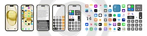 IOS 16 icons on Apple iPhone 15 screen. Apple interface. Popular apps. Apple ID, Swift UI, Apple Store, Widgets, Podcasts, iTunes