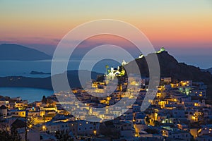 Ios Hora town during sunset, Ios island, Cyclades, Aegean, Greece photo