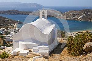 Ios Island. View of the bay and the Aegean Sea.