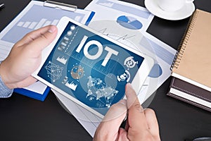 IOT business man hand working and internet of things (IoT) word