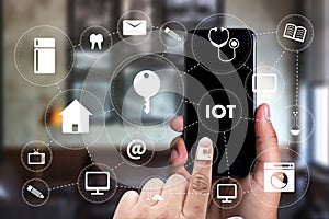 IOT business man hand working and internet of things (IoT) word