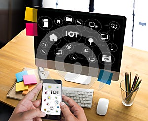 IOT business man hand working and internet of things (IoT) word