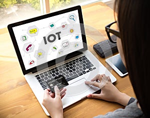 IOT business man hand working and internet of things (IoT) word