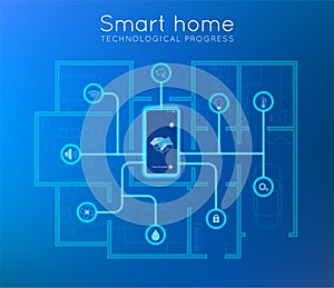 IOT concept. Smart home connection and control with smartphone through home network. Isometric house standing on screen