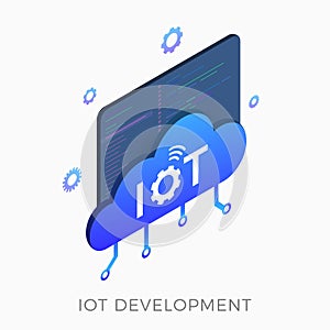 IOT development isometric vector icon concept with smart cloud, window with program code in the background