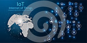 IOT, devices and connectivity concepts on a network, cloud at center. digital circuit board above the planet Earth.