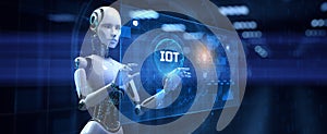 IOT IIOT Internet of things. Robot pressing button 3d render