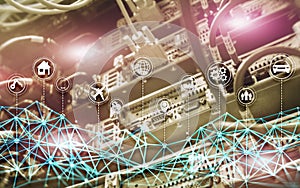 IOT internet of things digital technology concept. Server room background.