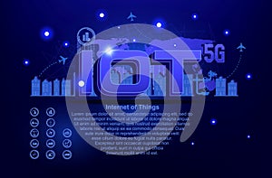 IoT Internet of Things and network concept for connected devices. Web of network connections on futuristic dark blue background