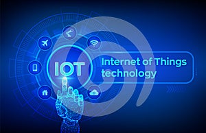 IOT. Internet of Things technology concept on virtual screen. Wireless communication network. Intelligent system automation.