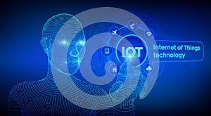 IOT. Internet of Things technology concept on virtual screen. Wireless communication network. Intelligent system automation.