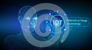 IOT. Internet of Things technology concept on virtual screen. Wireless communication network. Intelligent system automation.