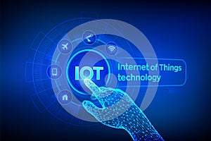 IOT. Internet of Things technology concept on virtual screen. Wireless communication network. Intelligent system automation.