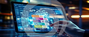 IOT Lean 5 Sigma Integration concept with touch screen technology in manufacturing