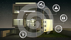 IoT security information graphic icon on smart home,, Smart home appliances, internet of things. night.