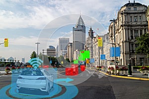 Iot smart automotive Driverless car with artificial intelligence combine with deep learning technology. self driving car can situa photo