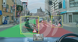 Iot smart automotive Driverless car with artificial intelligence combine with deep learning technology. self driving car can situa photo