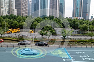 Iot smart automotive Driverless car with artificial intelligence combine with deep learning technology. self driving car can situa