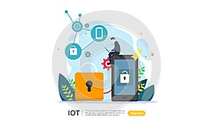 IOT smart house monitoring concept for industrial 4.0. home remote lock technology on smartphone screen app of internet of things