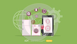 IOT smart house monitoring concept for industrial 4.0. remote appliances technology on smartphone screen app of internet of things