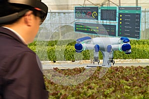 Iot smart industry robot 4.0 agriculture concept,agronomist,farmerblurred using smart glasses augmented mixed virtual reality,a