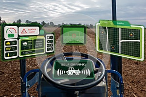 Iot smart industry robot 4.0 agriculture concept,industrial agronomist,farmer using autonomous tractor with self driving technolog photo