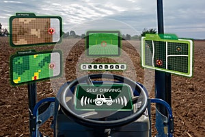 Iot smart industry robot 4.0 agriculture concept,industrial agronomist,farmer using autonomous tractor with self driving technolog