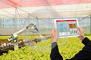 Iot smart industry robot 4.0 agriculture concept,industrial agronomist,farmer using software Artificial intelligence technology in