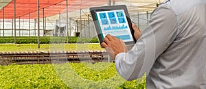 Iot smart industry robot 4.0 agriculture concept,industrial agronomist,farmer using tablet to monitor, control the condition in ve