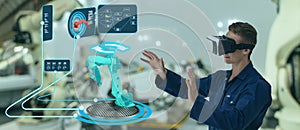 Iot smart technology futuristic in industry 4.0 concept, engineer use augmented mixed virtual reality to education and training, r