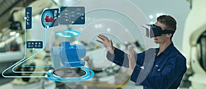 Iot smart technology futuristic in industry 4.0 concept, engineer use augmented mixed virtual reality to education and training, r