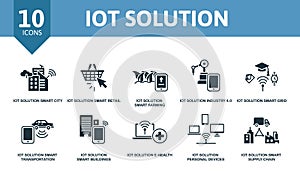 Iot Solution set icon. Contains iot solution illustrations such as smart retail, industry 4.0, smart transportation and