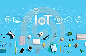 IoT theme with electronic gadgets and office supplies