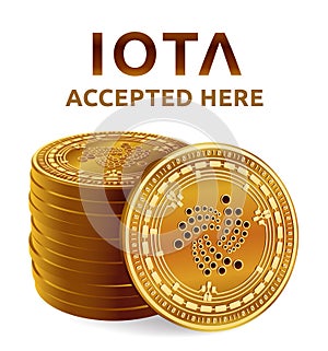 Iota. Accepted sign emblem. Crypto currency. Stack of golden coins with Iota symbol isolated on white background. 3D isometric Phy