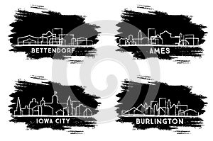Iowa City, Ames, Burlington and Bettendorf City Skyline Silhouette Set