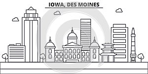 Iowa, Des Moines architecture line skyline illustration. Linear vector cityscape with famous landmarks, city sights