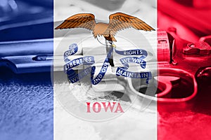 Iowa flag U.S. state Gun Control USA. United States Gun Law