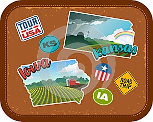 Iowa and Kansas travel stickers with scenic rural landscapes