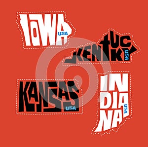 Iowa, Kentucky, Kansas, Indiana states names distorted into state outlines. Pop art style vector illustration for stickers.