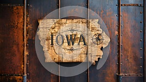 Iowa map on rusty metal surface vintage aesthetic rustic decor elemen. Concept Vintage Aesthetic,
