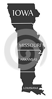 Iowa - Missouri - Arkansas - Louisiana Map labelled black